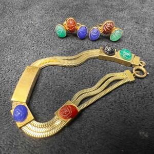 12K Gold Filled Scarab Beetle 10 Egyptian Hieroglyphs Gems Bracelet Earrings Set